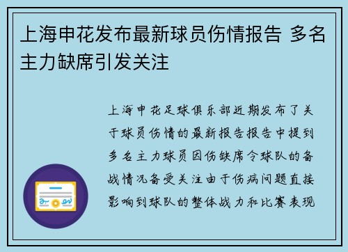 上海申花发布最新球员伤情报告 多名主力缺席引发关注 上海申花发布最新球员伤情报告 多名主力缺席引发关注